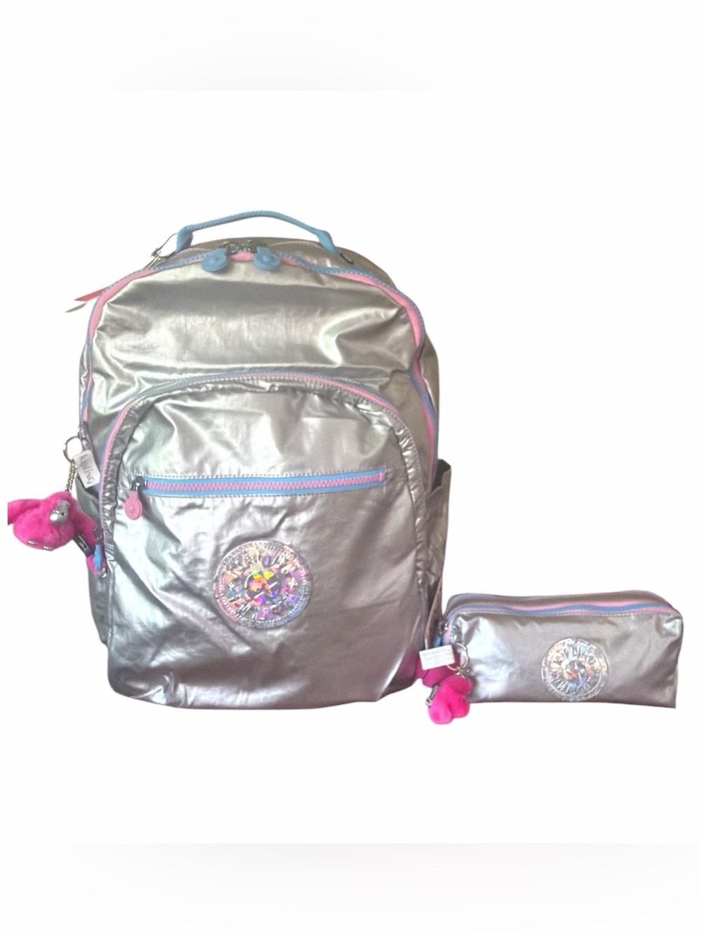 Kipling Seoul XL Backpack & Garri Pencil Case Set Silver Metallic Pop, School